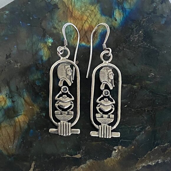Sterling Silver 925 Egyptian Amulet Hieroglyph Scarab Cartouche Dangle Earrings - Picture 11 of 16